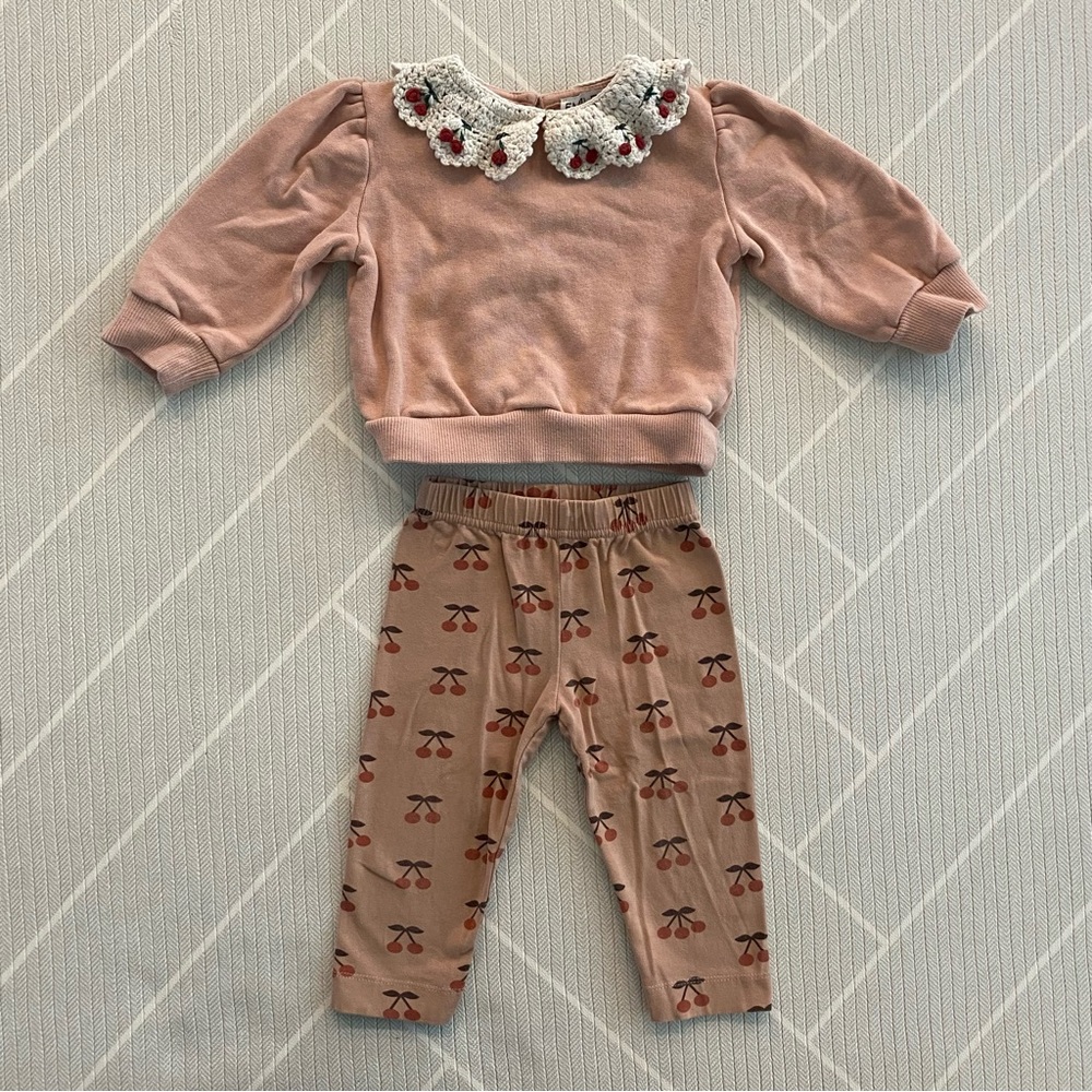 Emile et Eda Pink Sweatshirt with Crochet Collar(18M) & Cherry Leggings(2A) Set